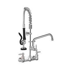 AGAHPAY Commercial Kitchen Sink Faucet with Pre Rinse Sprayer 8 Adjustable Center Wall Mount Restaurant Faucet with 12” Swing Spout 25” Height for Compartment Sink, Industrial, Chrome, Solid Brass